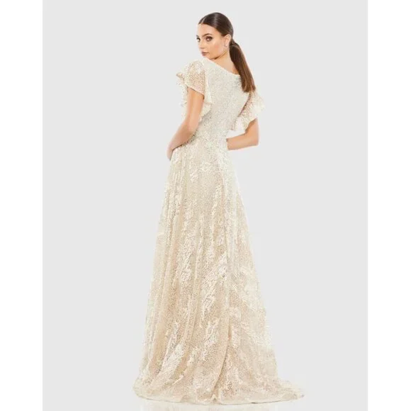 Mac Duggal Size 16 Ivory Nude Embellished Flutter Sleeve Lace A-Line Gown $798 - Picture 4 of 8